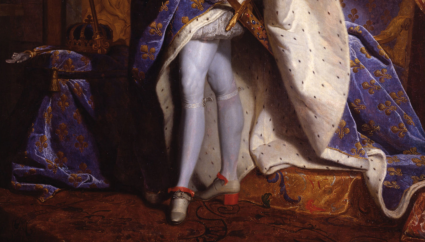 The king’s legs (detail), Hyacinthe Rigaud, Louis XIV, focusing on a figure wearing white stockings and red-heeled shoes, draped in a luxurious blue and white robe adorned with gold fleur-de-lis patterns. The scene highlights opulent textures and rich colors, emphasizing regal attire and a sense of historical aristocracy.