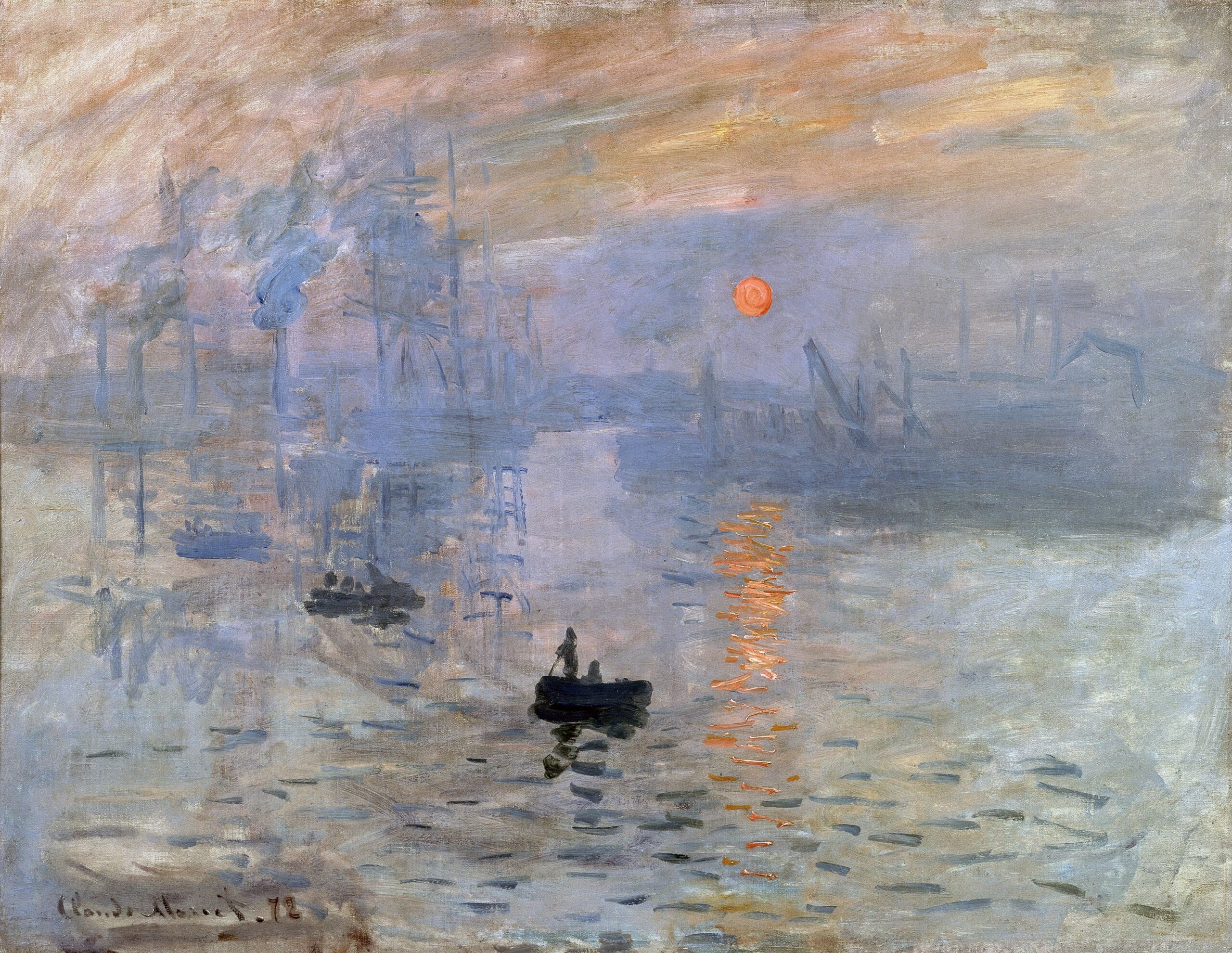 Monet, Impression Sunrise painting depicting a harbor scene at sunrise with boats on water and industrial structures in the background. Features muted blue and gray tones with a striking red sun and its reflection creating contrast and atmosphere.