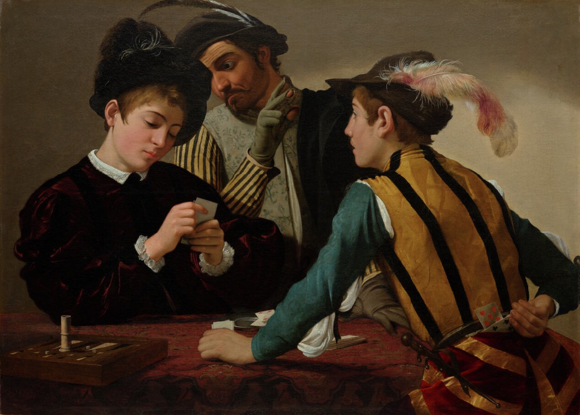 Caravaggio, The Cardsharps painting depicting three individuals in Renaissance attire engaged in a card game. The scene features rich colors with detailed costumes, including feathers in hats and striped sleeves, highlighting a moment of social interaction and strategy.