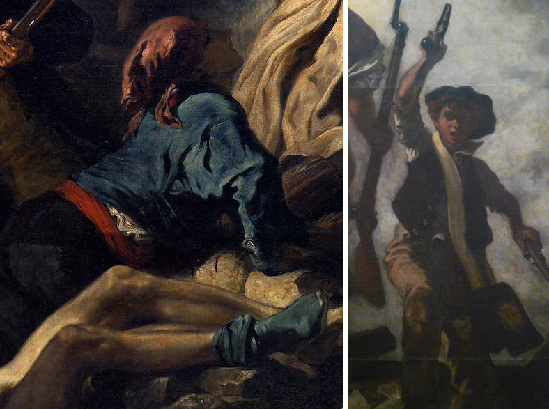 Side by side details from Eugène Delacroix, Liberty Leading the People. On the left a figure in blue and red looks upward while on the right, a young boy holds a gun in his hand above his head.