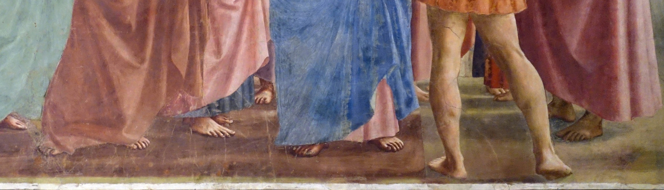 Feet (detail), Masaccio, Tribute Money, c. 1427, showing the lower legs and feet of several figures standing. The figures wear robes in muted colors like blue, pink, and orange, with visible details of toes and folds in fabric.