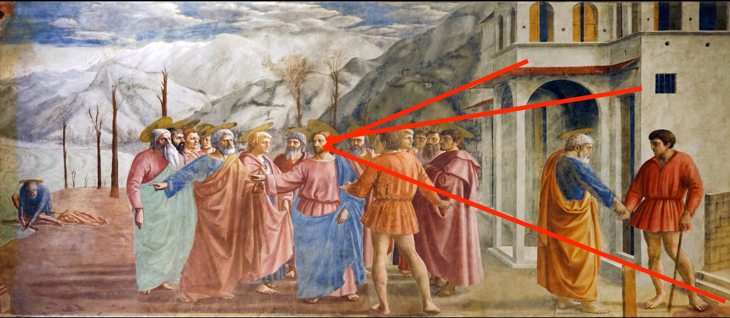 A Renaissance fresco depicting a biblical scene with a group of men, some with halos, engaged in conversation near a building with arches. Orthogonal lines of linear perspective overlay the image gathering at the vanishing point of Christ.