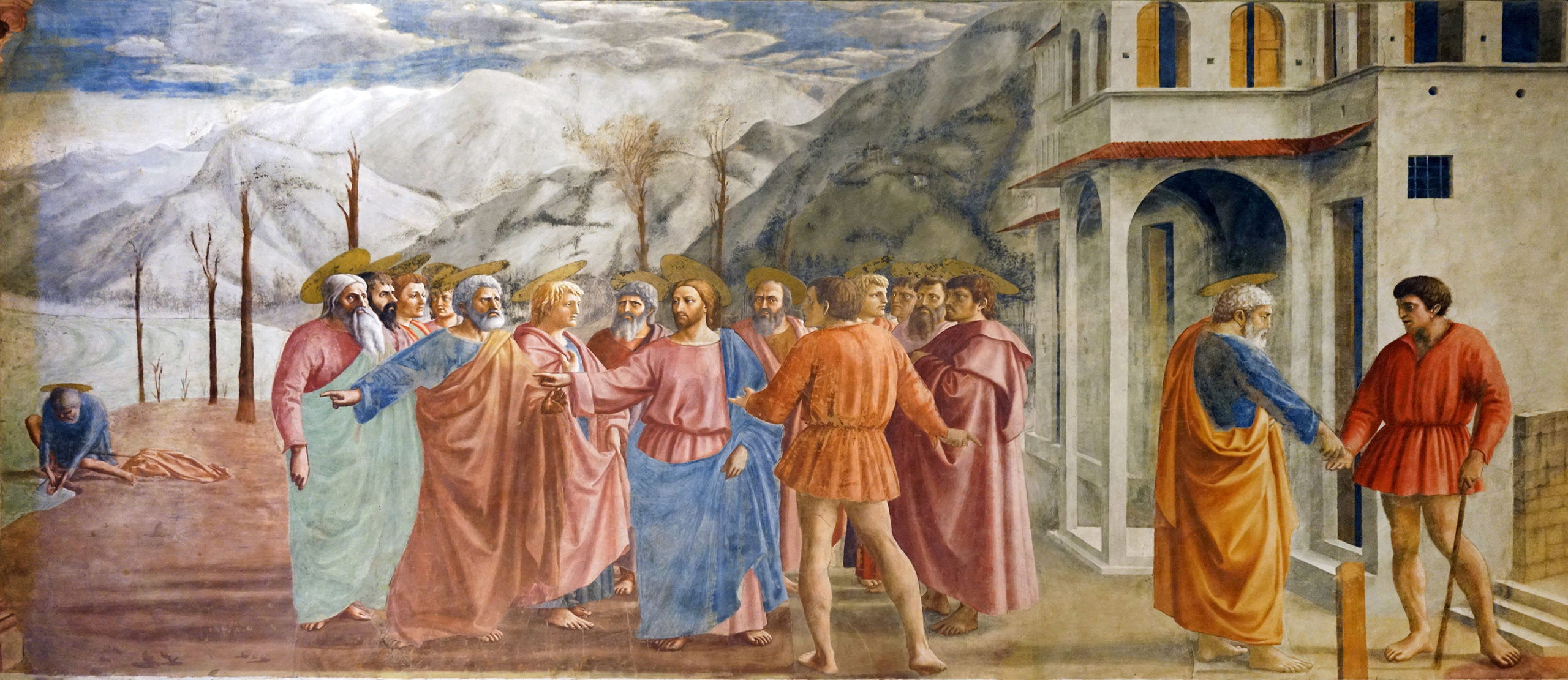 Masaccio's Tribute Money depicting a biblical scene with Jesus and his disciples engaged in conversation, set against a backdrop of barren trees and architectural structures. The composition features detailed human figures in colorful robes, emphasizing interaction and narrative within a natural and built environment.