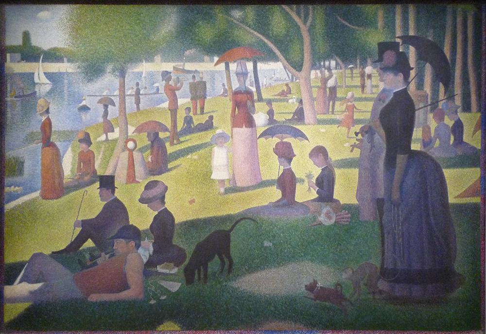 Painting depicting a park scene with numerous people relaxing and socializing near a river, characterized by pointillism technique using small dots of color. Key elements include figures with parasols, a black dog, and sailboats on water, with vibrant greens and blues highlighting a sunny day atmosphere.