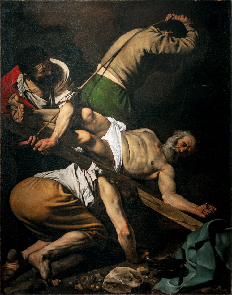 Caravaggio, Crucifixion of St. Peter Baroque painting depicting the crucifixion of Saint Peter, emphasizing intense emotion and physical struggle. Dark background contrasts with illuminated figures, highlighting Saint Peter's upside-down position and muscular tension, while three men in varied clothing bind and raise the cross.