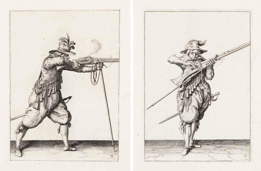Two detailed black-and-white etchings depict historical soldiers aiming and loading muskets, showcasing 17th-century military attire and weaponry. Each figure wears feathered hats, layered clothing, and carries swords, with one soldier using a support stick while firing and the other preparing to load a musket.
