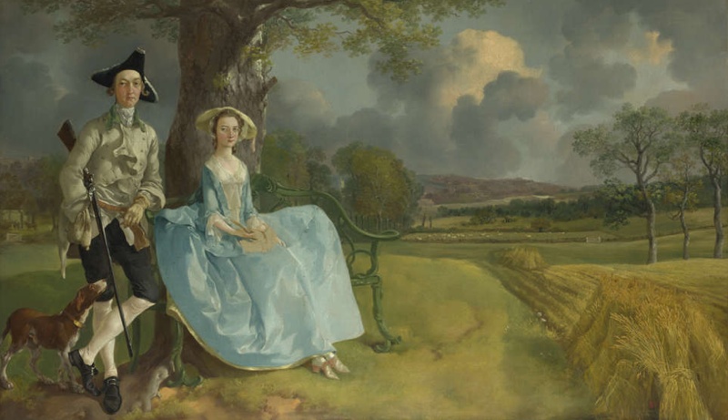 Thomas Gainsborough, Mr. and Mrs. Andrews painting depicting a man and woman in 18th-century attire seated outdoors near a tree and bench, accompanied by two dogs. The scene features a lush landscape with fields, trees, and a cloudy sky.