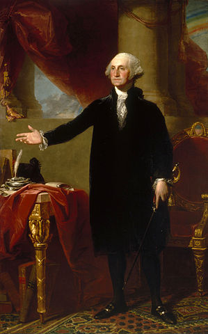 Gilbert Stuart, Lansdowne Portrait of George Washington, painting of a man dressed in 18th-century attire standing beside a table with red drapery, quill, and papers, set against a backdrop of large columns and a cloudy sky. The composition highlights the subject's authoritative pose with an outstretched arm and a richly decorated chair.