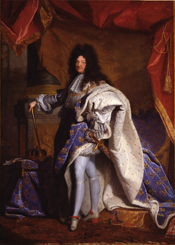 Hyacinthe Rigaud, Louis XIV, portrait painting depicts a regal figure dressed in elaborate royal attire, including a blue and gold embroidered robe with white fur trim and red-heeled shoes. The figure stands confidently with one hand on a cane and the other on a richly decorated throne, set against a backdrop of heavy red drapery and classical architectural elements.