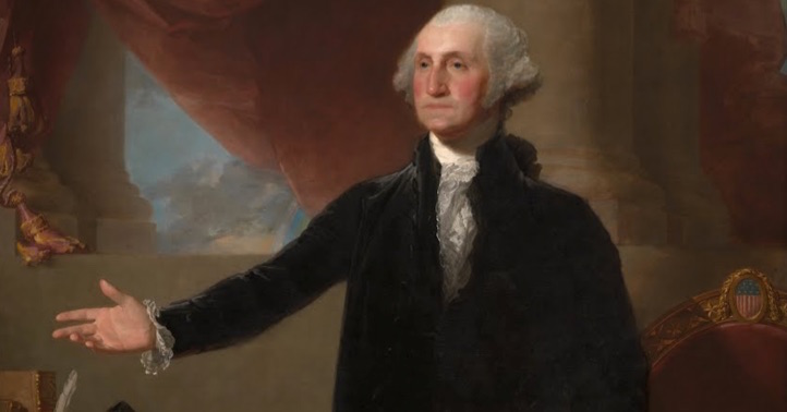Painting of a historical figure, George Washington, standing with his right arm extended in a gesture. The setting includes classical architectural elements like a column and drapery, emphasizing a formal and authoritative context.