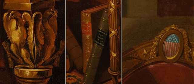 Three details in side by side images showing close-up details of a wooden chair with ornate carvings, a stack of leather-bound books, and a decorative emblem featuring an American flag shield. The image highlights craftsmanship and historical elements through rich textures, warm tones, and intricate designs.