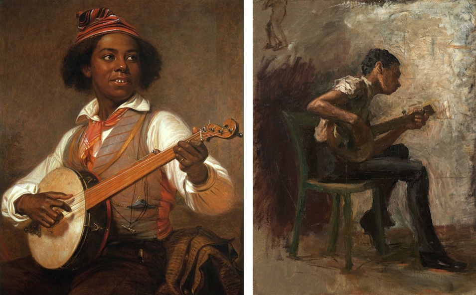 Two paintings side by side depict young Black men playing stringed instruments. The left painting shows a smiling boy in colorful clothing and a striped hat playing a banjo, while the right painting features a more subdued figure seated on a green chair, strumming a guitar in a dimly lit setting.
