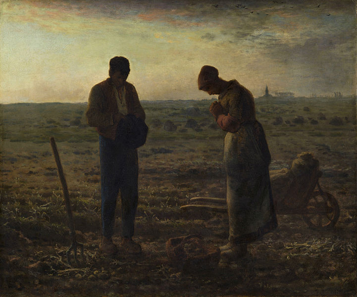 Jean-François Millet, The Angelus, painting depicting two peasants standing in a field during sunset, heads bowed in prayer. Dark earthy tones dominate, with a pitchfork and wheelbarrow visible, emphasizing themes of labor and humility.