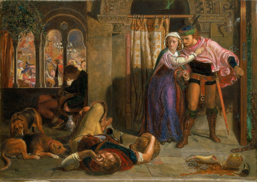 Hunt, The flight of Madeline and Porphyro during the drunkenness attending the revelry (The Eve of St. Agnes), painting depicting a dramatic indoor scene with multiple figures, including a woman in a purple dress embracing a man dressed in Renaissance-style clothing with a feathered hat and sword. The background features a group of people visible through arched windows, several dogs lying on the floor, and a fallen man in armor, highlighting themes of conflict and tension.