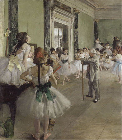 Edgar Degas, The Dance Class features ballerinas warming up and preparing for their ballet lesson. Figures are set in an asymmetrical composition featuring various angles of perspective to create a sense of chaos and movement.