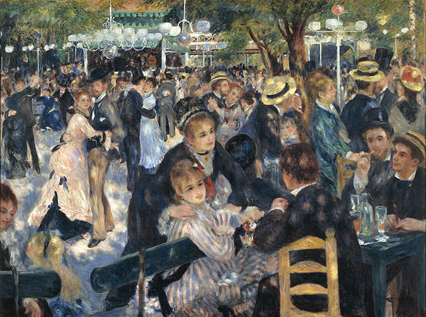 Renoir, Bal du moulin de la Galette painting depicting a lively outdoor dance scene with numerous people socializing and dancing under glowing street lamps and trees. The artwork features detailed clothing from the late 19th century, vibrant brushstrokes, and a warm, festive atmosphere capturing movement and light.