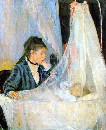 Morisot, The Cradle painting depicting a woman seated beside a cradle with a baby lying inside, partially covered by a sheer white canopy. The artwork features soft, muted colors with emphasis on the delicate fabric and intimate domestic scene, highlighting themes of motherhood and care.