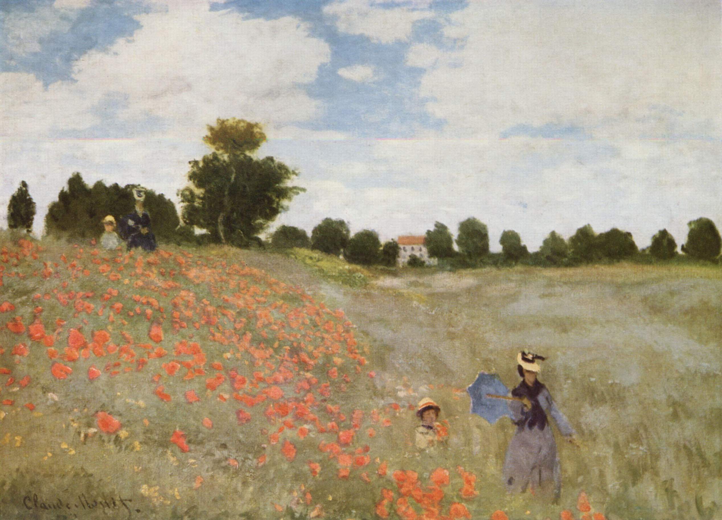Monet, Coquelicots, La promenade (Poppies) painting depicting a countryside scene with a field of red poppies on the left and green grass on the right under a partly cloudy sky. Four figures, including a woman holding a blue parasol, are scattered across the field, with trees and a white house visible in the background.