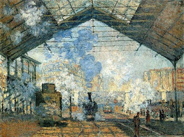 Monet, La Gare Saint-Lazare Impressionist painting depicting a busy train station interior with steam and smoke filling the air under a large glass roof. The scene features trains on tracks, industrial buildings, and several figures, with muted colors and soft brushstrokes conveying movement and atmosphere.