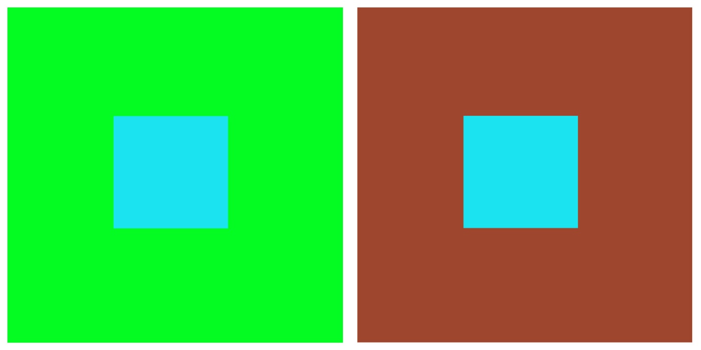 A side-by-side comparison of two colored squares, each containing a smaller blue square centered inside. The left square has a bright green background, while the right square has a brown background, highlighting contrast differences between the two color combinations.