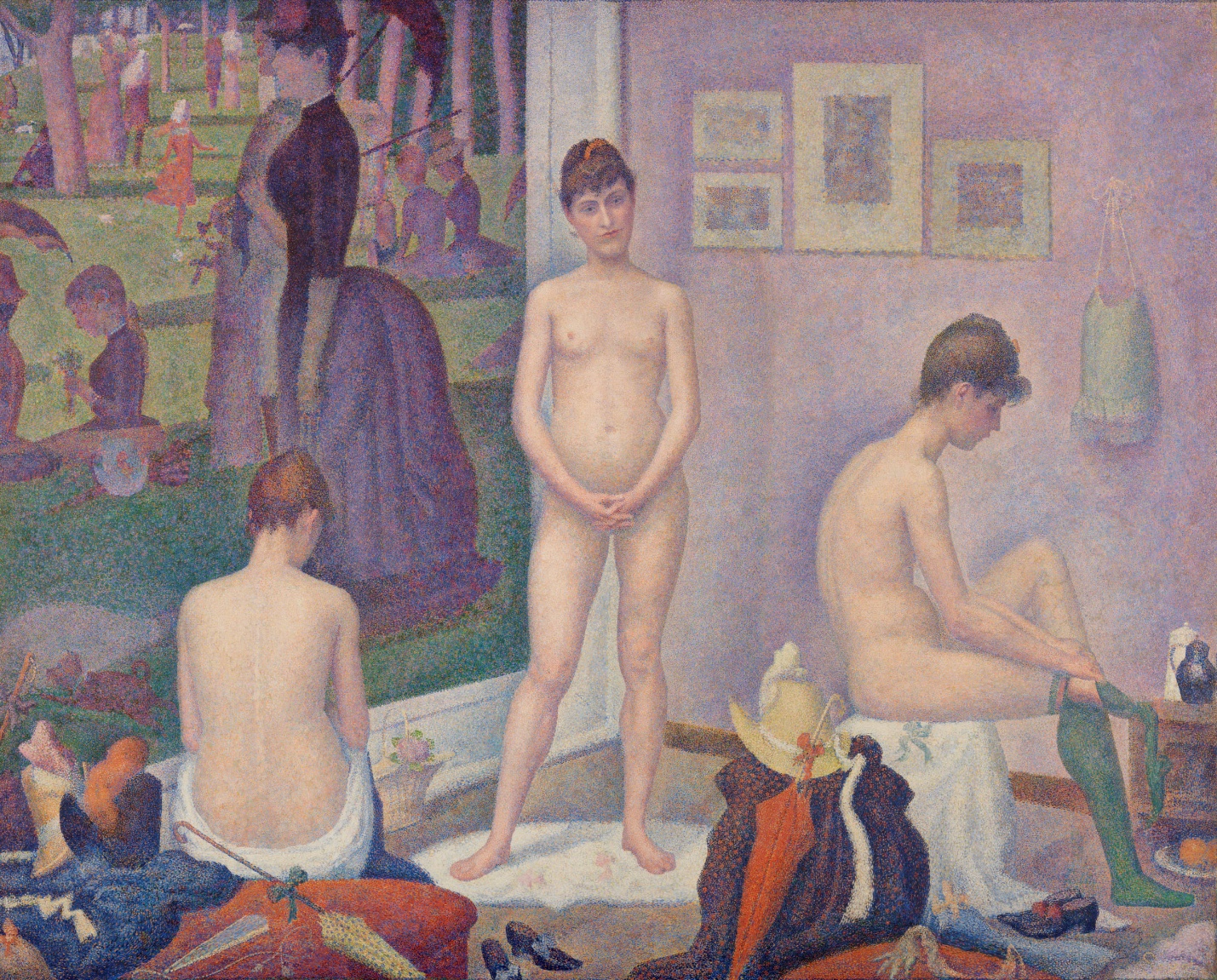 Pointillist painting of three nude female models two are seated and one is standing. The models are surrounded by clothes and props on the floor and a copy of Seurat's A Sunday on La Grande Jatte hangs in the background.