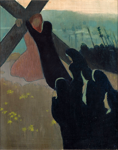 Painting depicting a group of dark, shadowy figures reaching toward a central figure carrying a large wooden cross, set against a muted landscape with yellow flowers. The composition contrasts light and dark areas, emphasizing struggle and burden, with silhouetted figures and a hazy background suggesting a somber, symbolic scene.