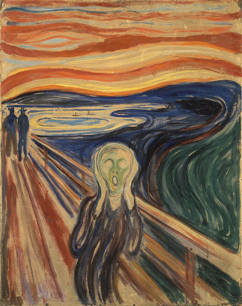 Painting depicting a figure with an agonized expression standing on a bridge under a swirling, dramatic sky with vibrant orange, red, and blue hues. The composition includes two shadowy figures in the background and flowing, wavy lines emphasizing emotional intensity and existential dread.