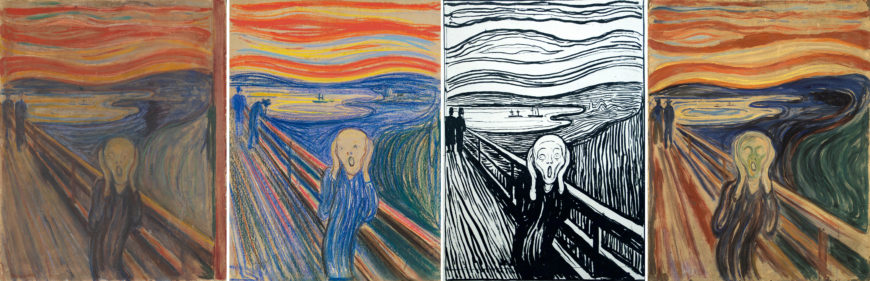 A comparison chart displays four versions of Edvard Munch's "The Scream," showcasing variations in color, style, and medium. Each panel highlights differences in background hues, figure details, and line work, illustrating the evolution and reinterpretation of the iconic artwork.