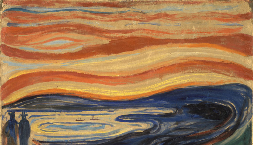 Sky (detail), Edvard Munch, The Scream depicting a swirling, vibrant sunset sky with bold red, orange, and yellow horizontal streaks above a dark, curving landscape and water. Two silhouetted figures stand on the left foreground, emphasizing a sense of anxiety and emotional intensity.