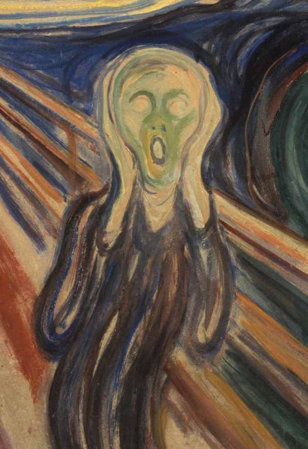Detail of Edvard Munch, The Scream depicting a figure with an agonized expression standing on a bridge against a swirling, colorful sky. The artwork uses bold, wavy lines and contrasting colors to convey intense emotion and psychological distress.