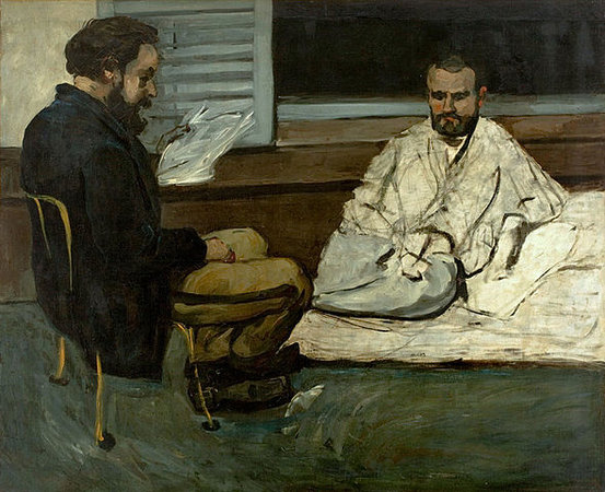 A painting depicting two men in a dimly lit room, one seated on a chair and the other reclining on a bed. The scene features muted colors with a focus on the contrast between the dark clothing of the seated man and the light, loose garment of the man on the bed, suggesting a moment of conversation or contemplation.