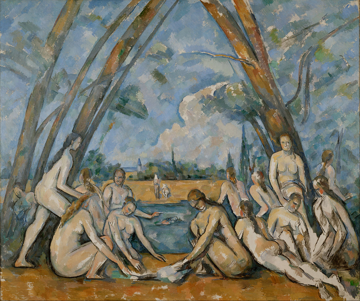 Scene of female nude bathers in the foreground rendered in choppy brushstrokes set in front of a river, trees, and a city-scape in the background. Muted tones of tan, gold, blue, and green are used.