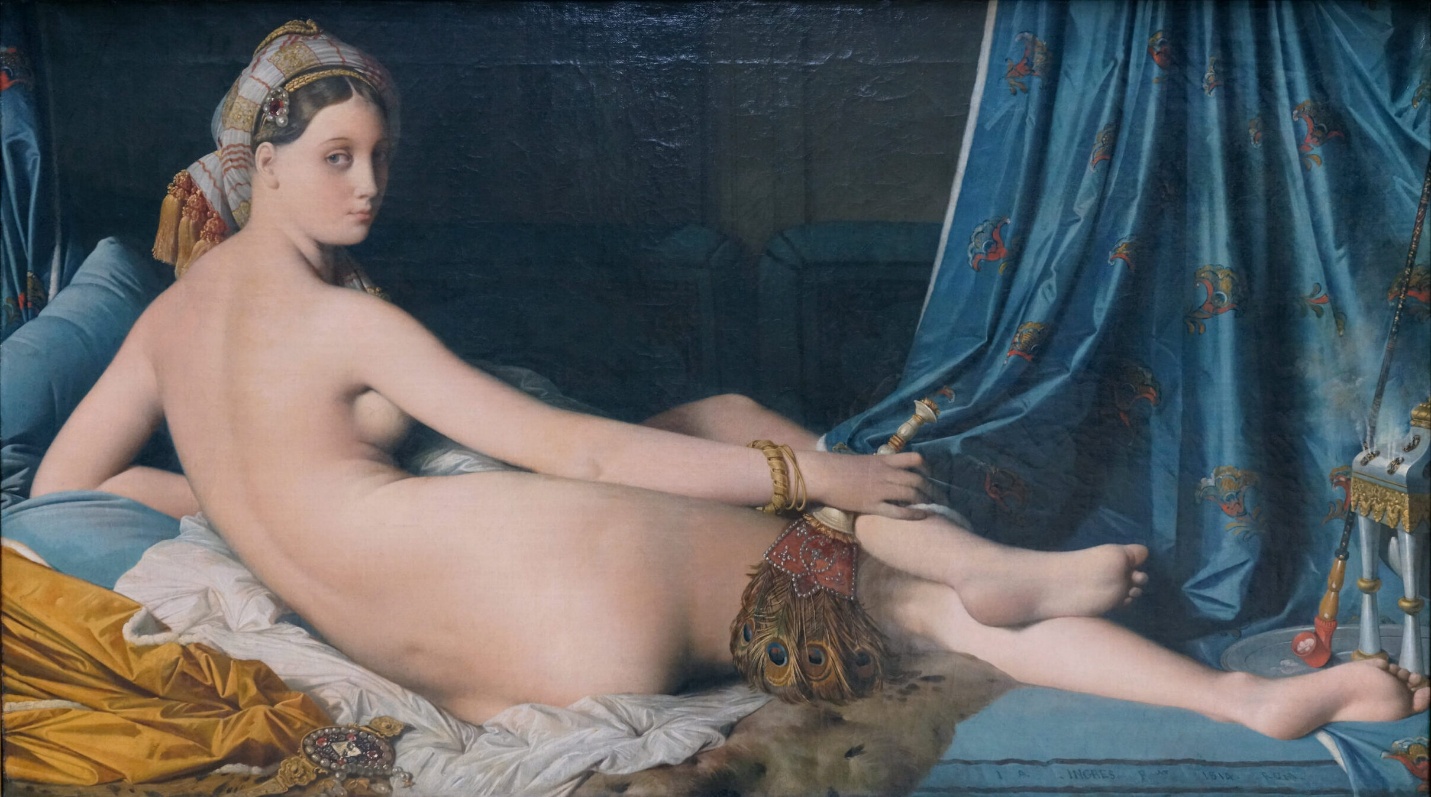 Ingres, La Grande Odalisque, painting featuring a reclining female nude viewed from the backside. The elongated figure wears fabric wrapped around her head and holds a peacock feather duster while looking out at the viewer.