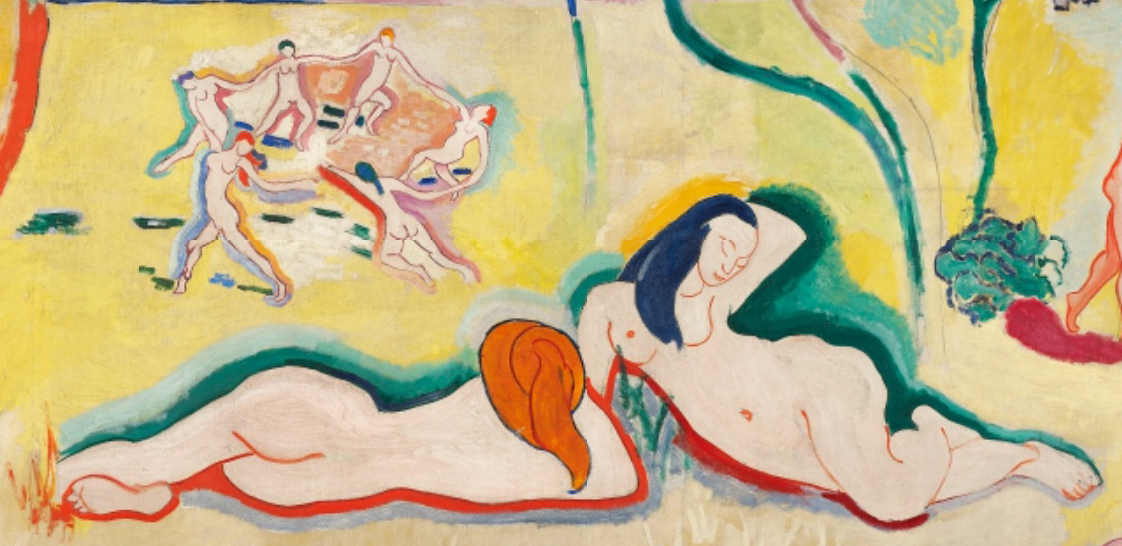 Figures in the foreground (detail), Henri Matisse, Bonheur de Vivre (Joy of Life), Outdoor landscape scene featuring several groupings of nude human figure with, some relaxing on the ground and others dancing in a circle. The work uses bold colors of orange, yellow, green, and blue applied non-naturalistically to the canvas surface