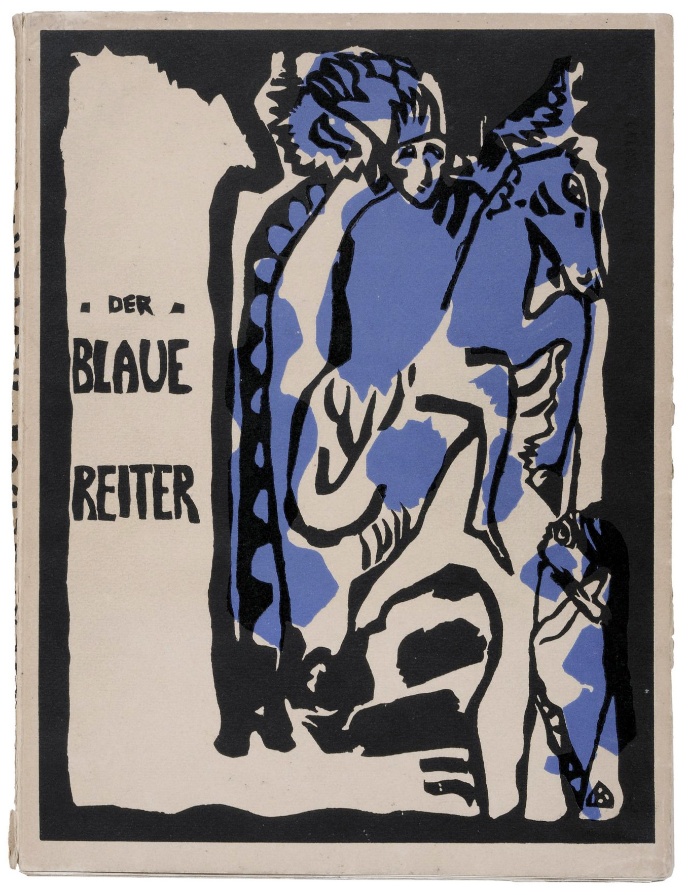 A vintage poster-style illustration featuring a stylized blue and black figure on horseback with bold, blocky text reading "Der Blaue Reiter" on a beige background. The composition uses strong contrasts and abstract shapes to emphasize the artistic movement associated with German Expressionism.