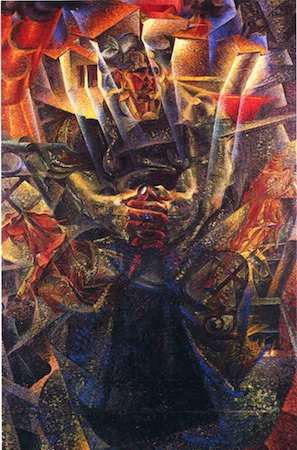 A cubist-style painting depicting a seated figure with hands clasped, composed of fragmented geometric shapes and overlapping planes in warm tones of red, orange, and yellow contrasted with cooler blues and grays. The artwork emphasizes angular forms and dynamic composition, creating a sense of depth and complexity around the central figure.