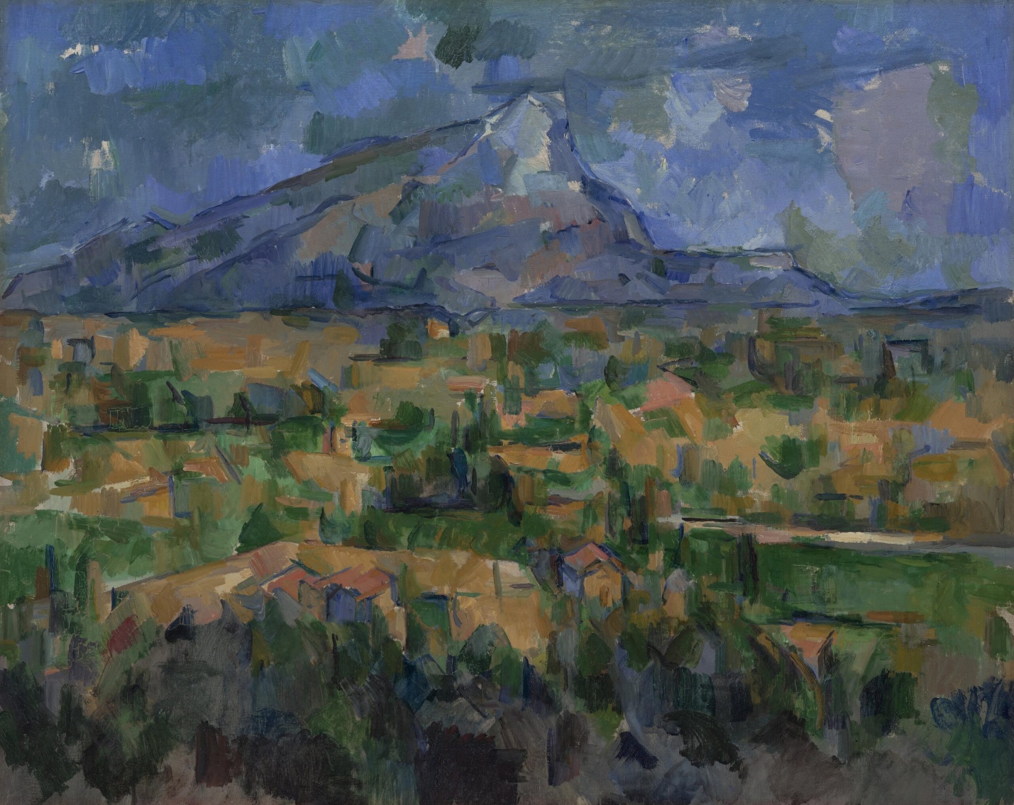 Painting depicting a landscape with a mountain in the background and a patchwork of fields and trees in the foreground. The artwork uses muted blues, greens, and browns with visible brushstrokes and a proto-cubist style to convey depth and texture.