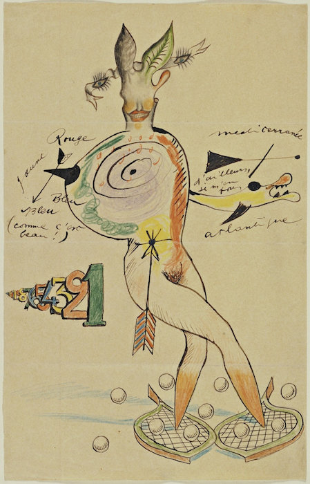A surrealist drawing depicting a humanoid figure with exaggerated features, including a spiral pattern on the torso and large, leaf-like ears. The figure stands on two net-like platforms surrounded by small spheres, with handwritten notes, arrows, and colorful numbers adding abstract and symbolic elements.