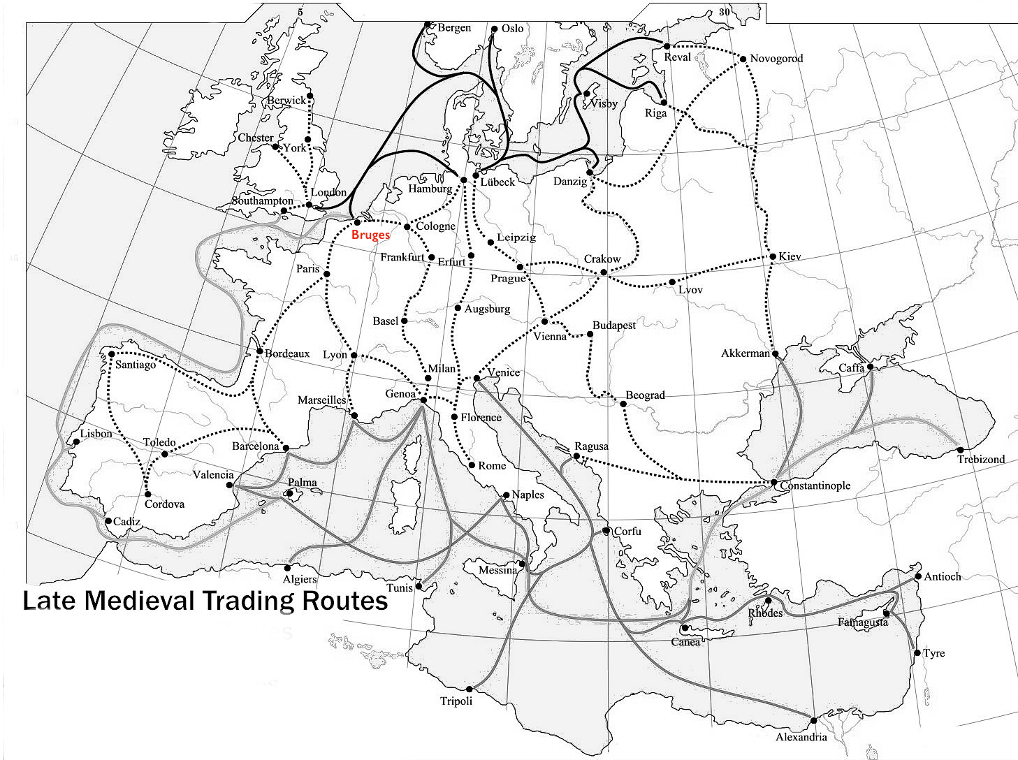 Black-and-white map showing late medieval trading routes across Europe, North Africa, and the Middle East, with solid and dashed lines representing different trade paths connecting major cities like Bruges, Paris, Venice, Constantinople, and Alexandria. The map highlights key trading hubs and illustrates extensive commercial networks linking Western Europe to the Mediterranean and beyond, emphasizing Bruges as a central node.