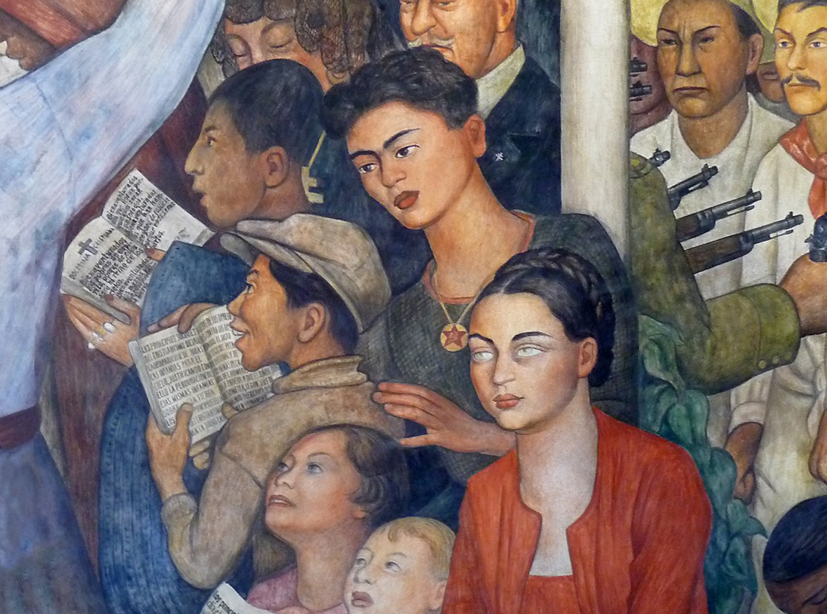 A detailed mural painting depicting a diverse group of people, including workers, soldiers, and intellectuals, symbolizing unity and social struggle. Prominent figures include a woman with a red blouse and a man with a star necklace, surrounded by individuals holding newspapers and armed soldiers in the background.
