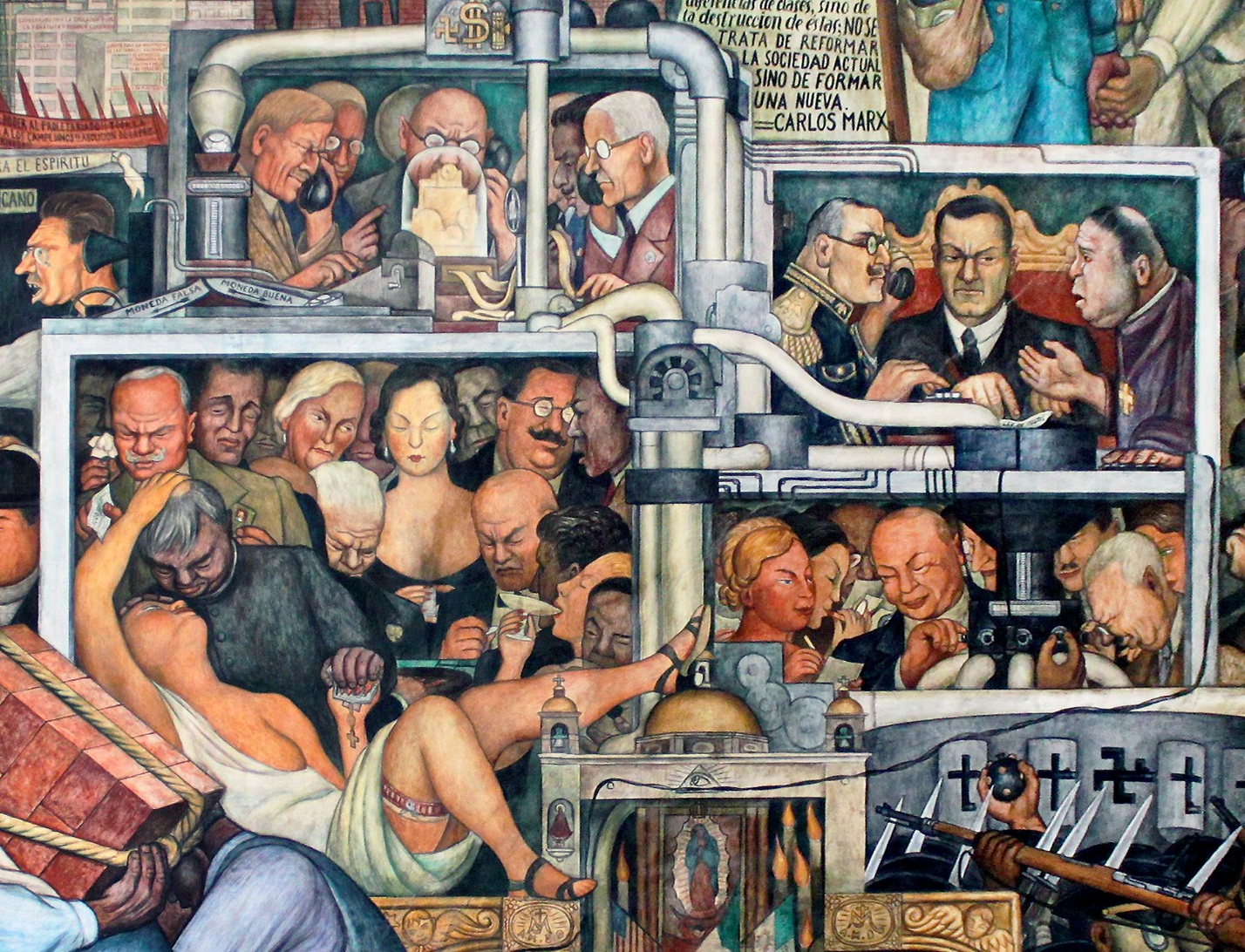Mural painting depicting interconnected scenes of industrial workers, intellectuals, and political figures engaged in various activities, symbolizing social and economic struggles. The composition features detailed human expressions, mechanical pipes linking different sections, and text references to Marxist ideology, highlighting themes of labor, power, and revolution.