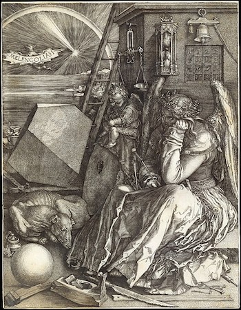 A detailed black-and-white engraving depicting a seated winged figure representing Melancholy surrounded by various symbolic objects, including a ladder, scales, a bell, a magic square, and a sleeping dog. The scene features intricate shading and textures, with a banner labeled "MELENCOLIA I".