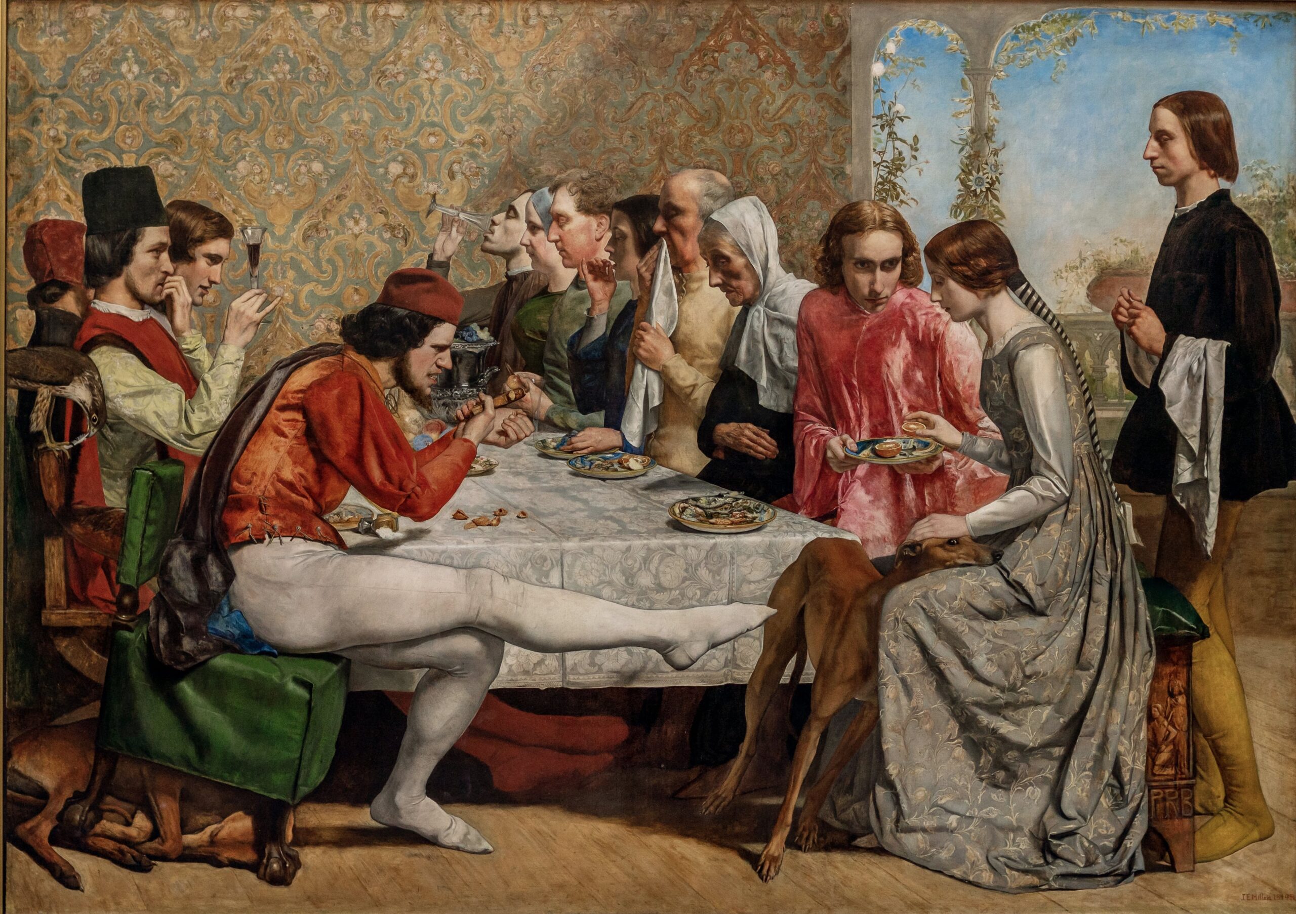John Everett Millais, Isabella, painting depicting a group of people gathered around a table, engaged in conversation and dining. The scene features detailed period clothing, a richly patterned wallpaper background, and a dog sitting near a woman in a gray dress, highlighting social interaction.