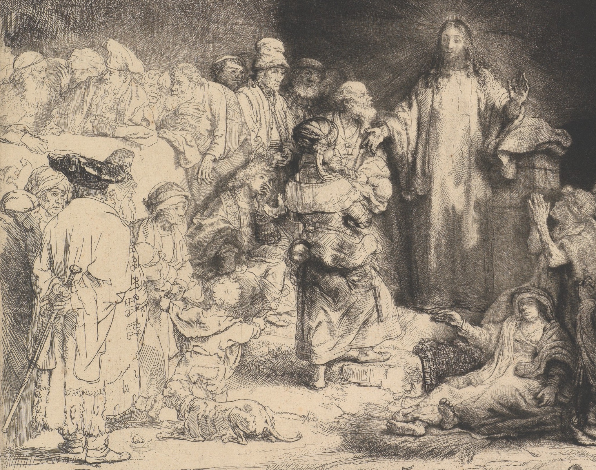 Detail, Rembrandt, The Hundred Guilder Print, a detailed black and white etching depicts a central radiant figure surrounded by a crowd of people in various poses of attention and supplication. The artwork features intricate shading, expressive facial expressions, and a composition that highlights the central figure's significance through light and positioning.
