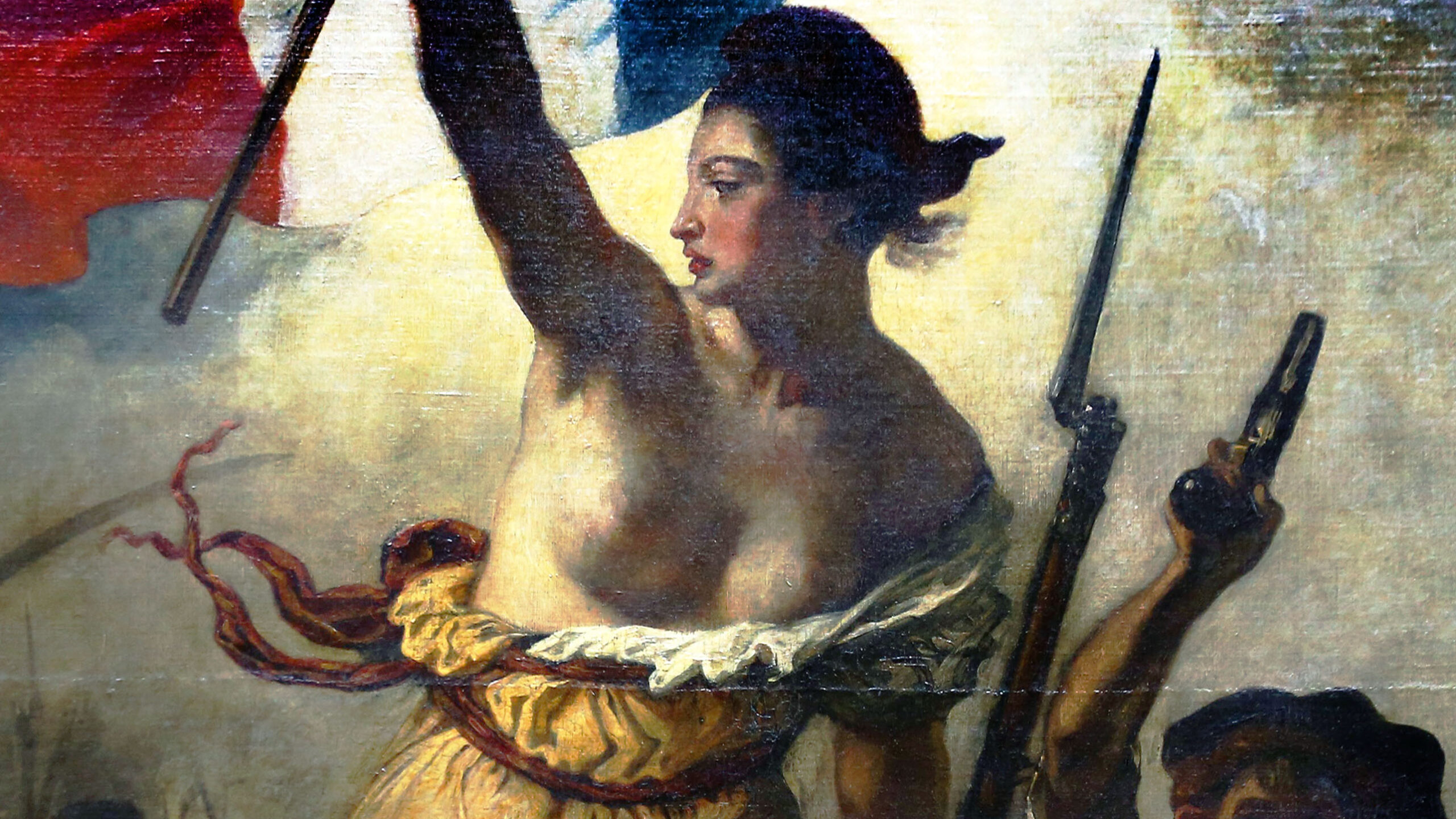 Liberty (detail), Eugène Delacroix, Liberty Leading the People (July 28, 1830), depicting a woman leading a group of revolutionaries, holding a flag in one hand and a pistol in the other, symbolizing liberty and resistance. The artwork features dramatic lighting, dynamic poses, and a background of smoke and battle, emphasizing themes of struggle and freedom.