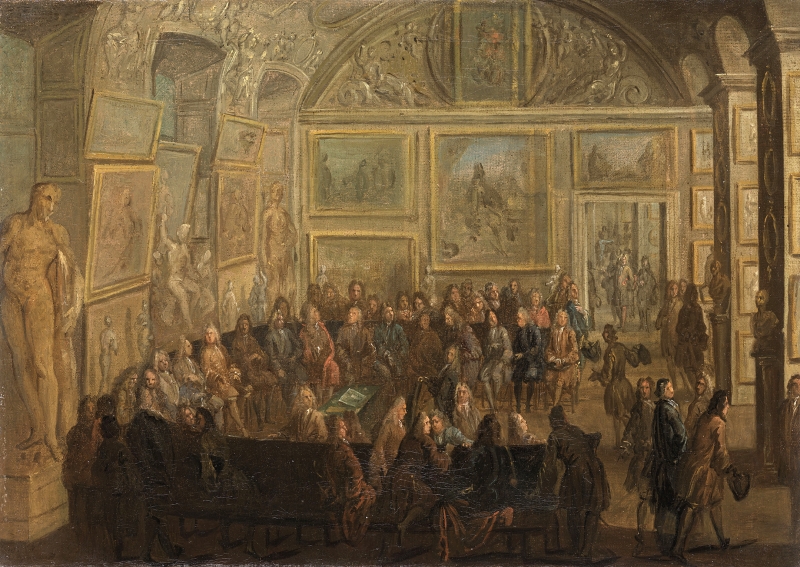Jean-Baptiste Martin painting depicting a large group of people gathered in an ornate gallery filled with numerous framed artworks and sculptures. The scene highlights social interaction and art appreciation within a richly decorated interior featuring high ceilings, detailed moldings, and classical statues.
