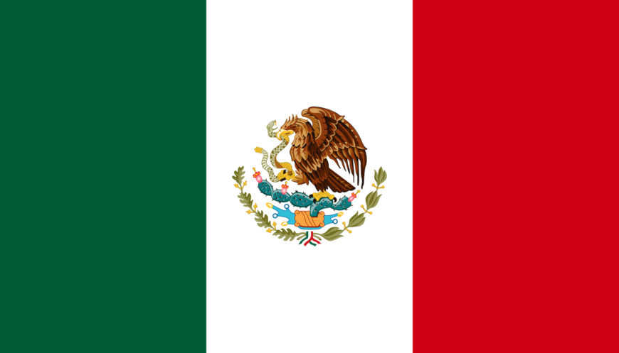Flag with three vertical stripes in green, white, and red from left to right. Central emblem on white stripe features a golden eagle perched on a cactus holding a snake, surrounded by a wreath of oak and laurel branches.