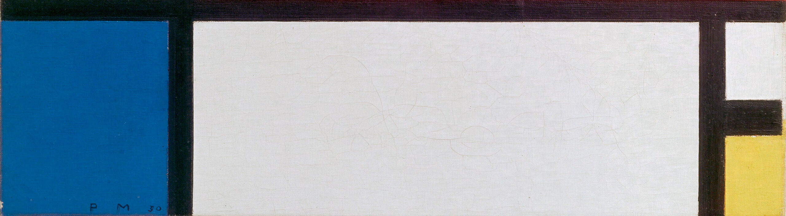 Blue and white detail from an abstract geometric painting featuring a grid of thick black lines dividing red, blue, yellow, and white rectangular blocks.