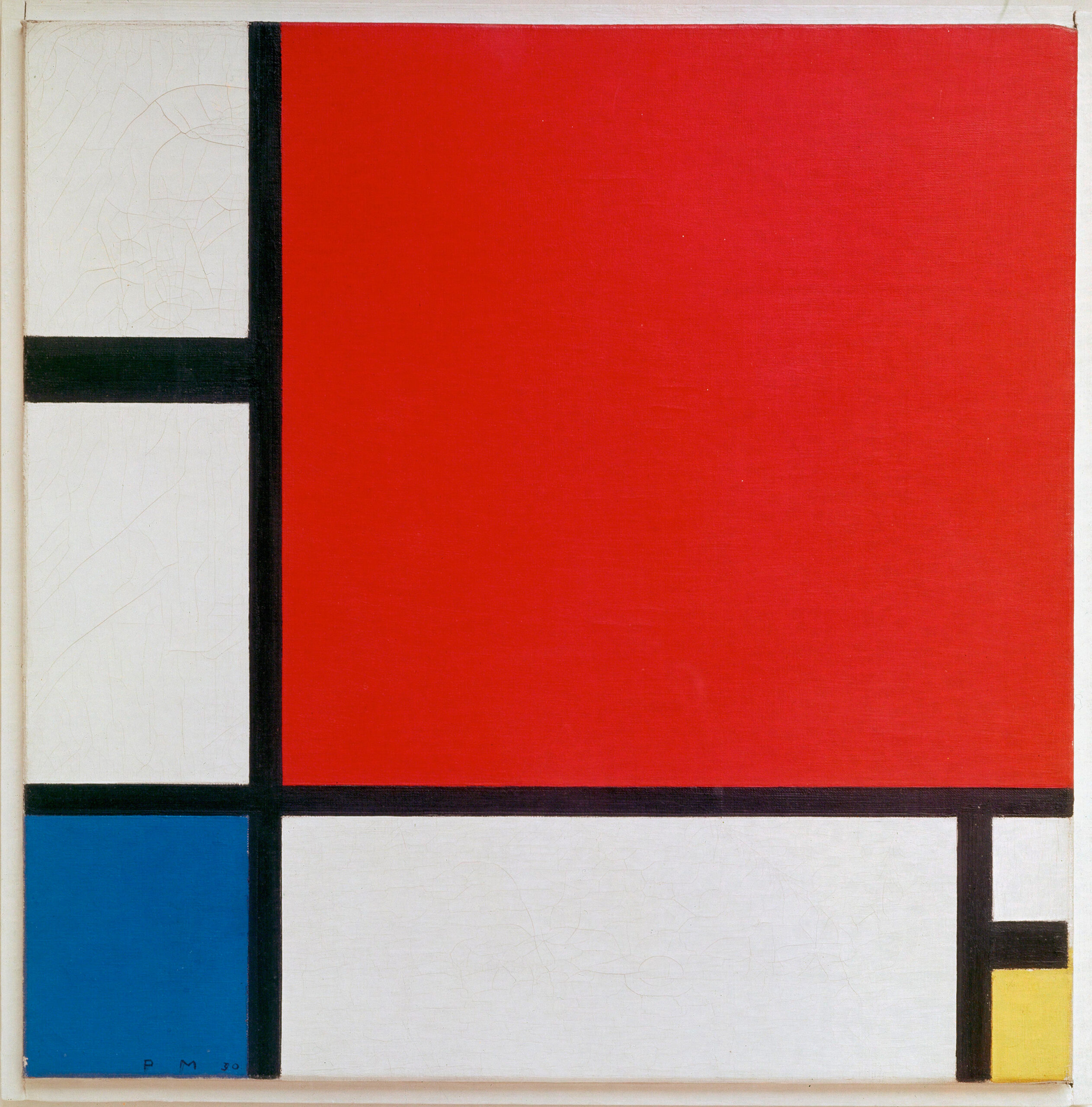 Abstract geometric painting featuring a grid of thick black lines dividing red, blue, yellow, and white rectangular blocks. The composition emphasizes balance and contrast through primary colors and bold linear structure.