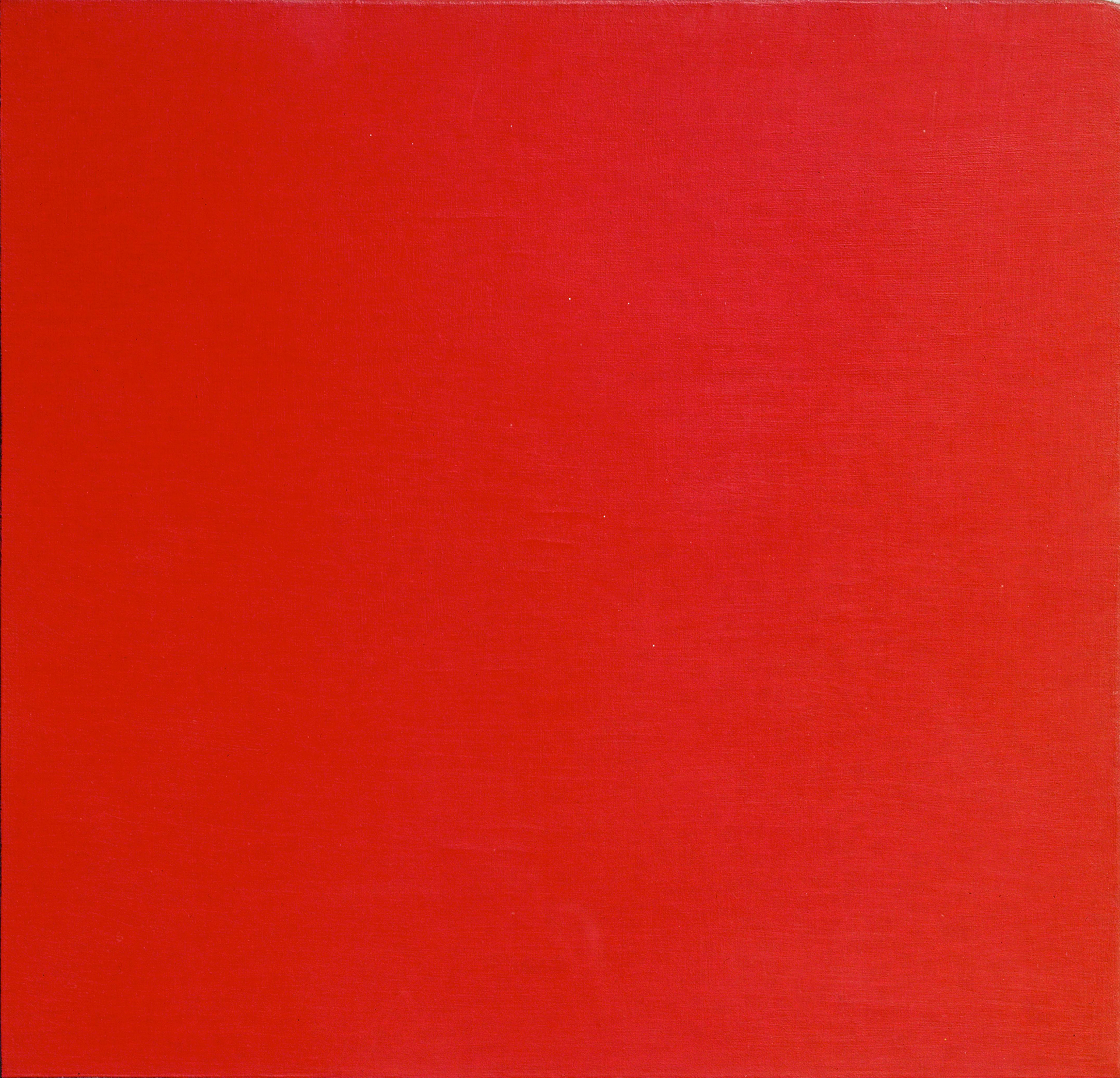 Detail of a red square from an abstract geometric painting featuring a grid of thick black lines dividing red, blue, yellow, and white rectangular blocks.